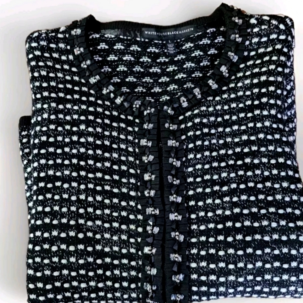 White House Black Market Tweed Knit Embellished  Cardigan iSweater  Large Nwot